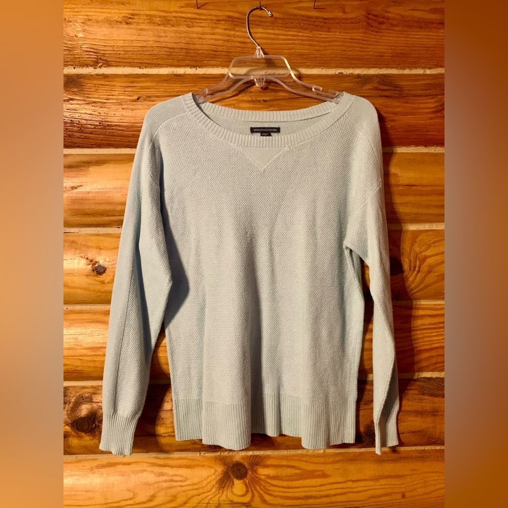 American Eagle AE Waffle Knit Light Blue Crewneck Sweater Size Small